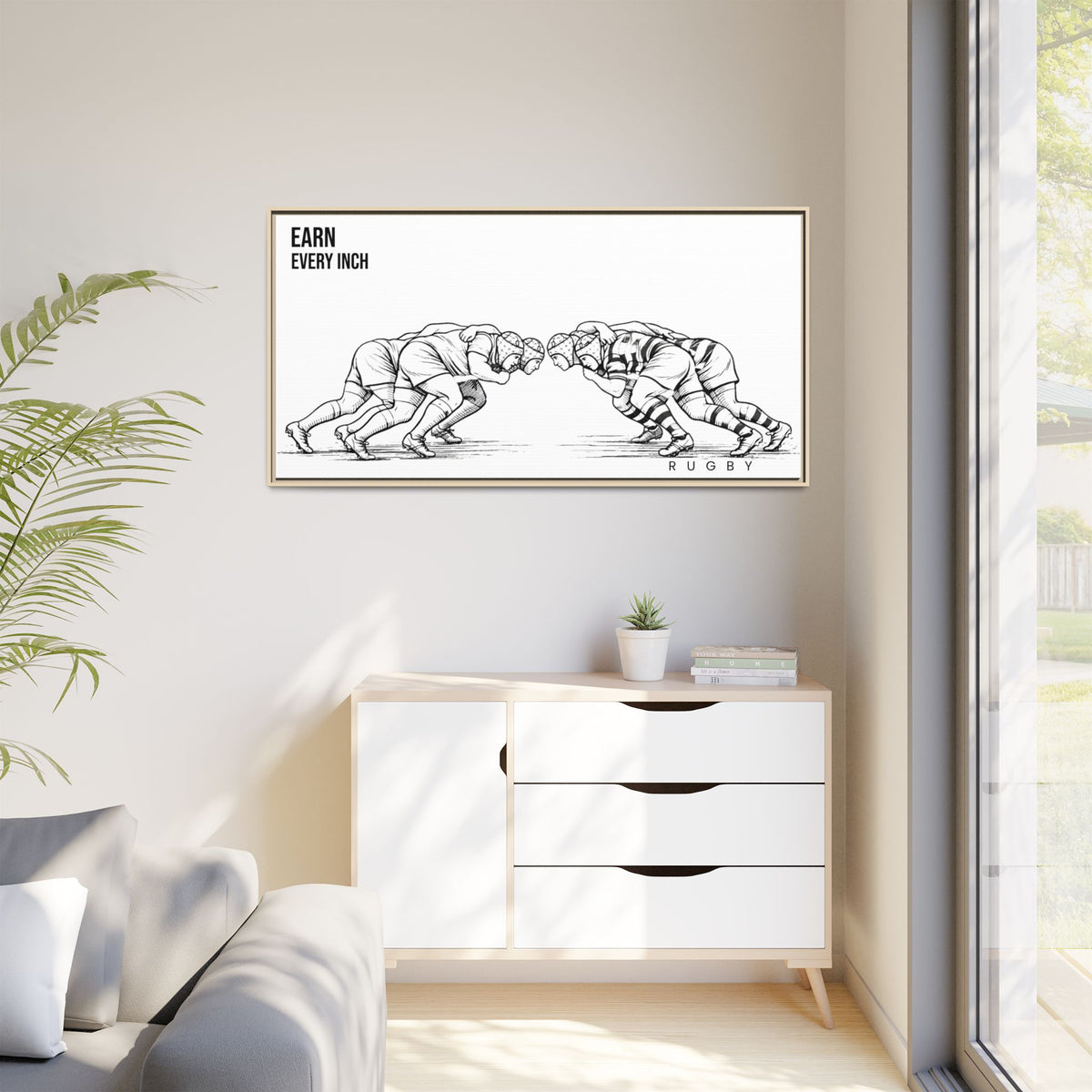 Print, Rugby Scrum, "Earn Every Inch" , Matte Canvas Print Framed Art
