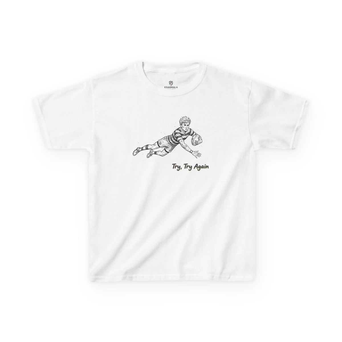 T Shirt Kids, Rugby Try Illustration with “Try, Try Again” Motivational Text, Cotton, Two Colours