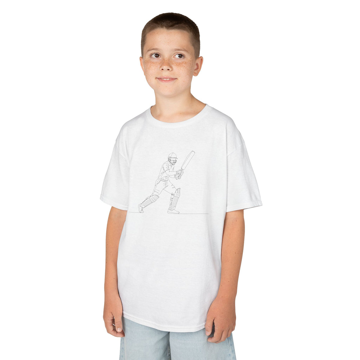 T Shirt Kids, Cricket Batsman 2 minimalist sketch design, Cotton, Various Colours