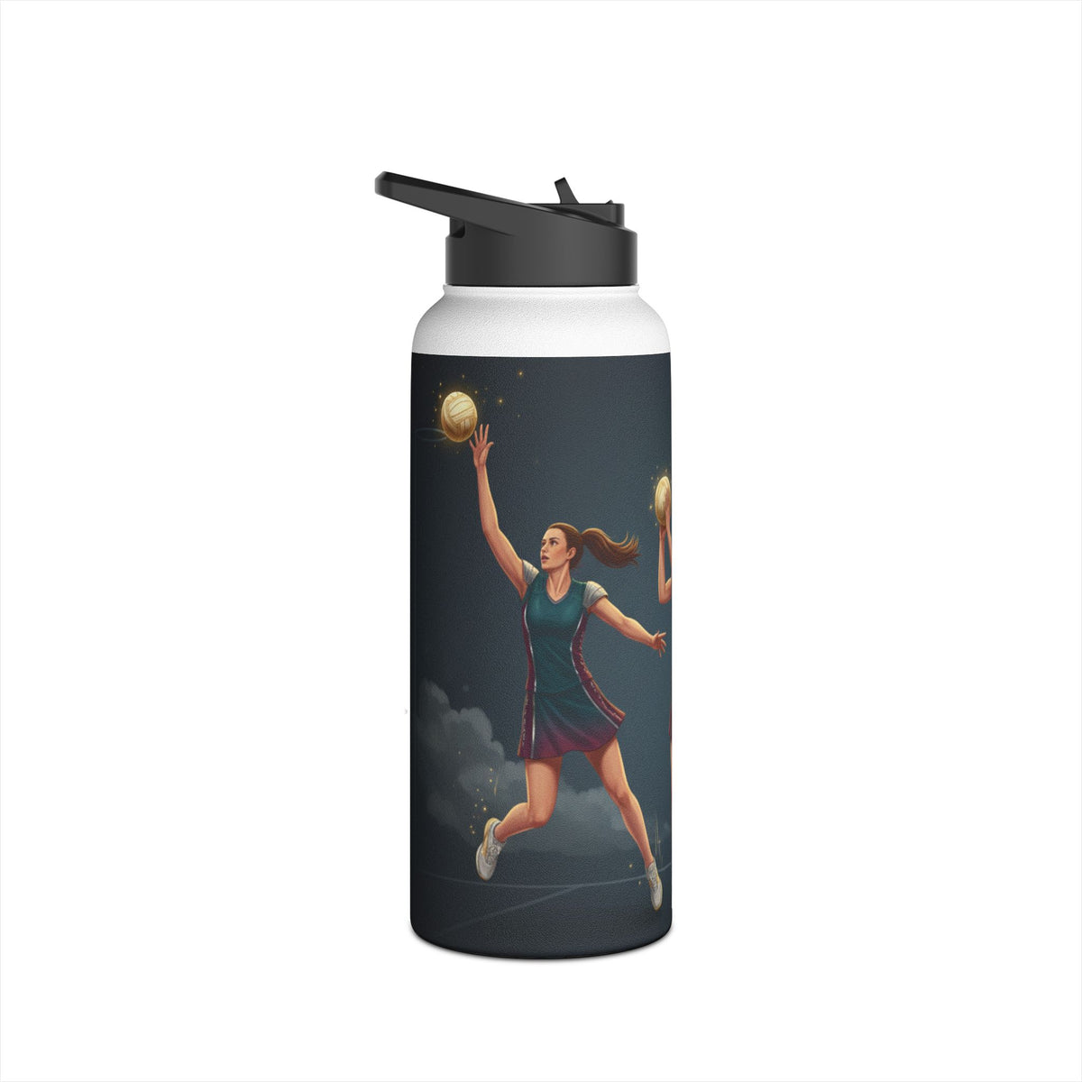 Water Bottle, Netball, Female player trio graphics, Stainless Steel
