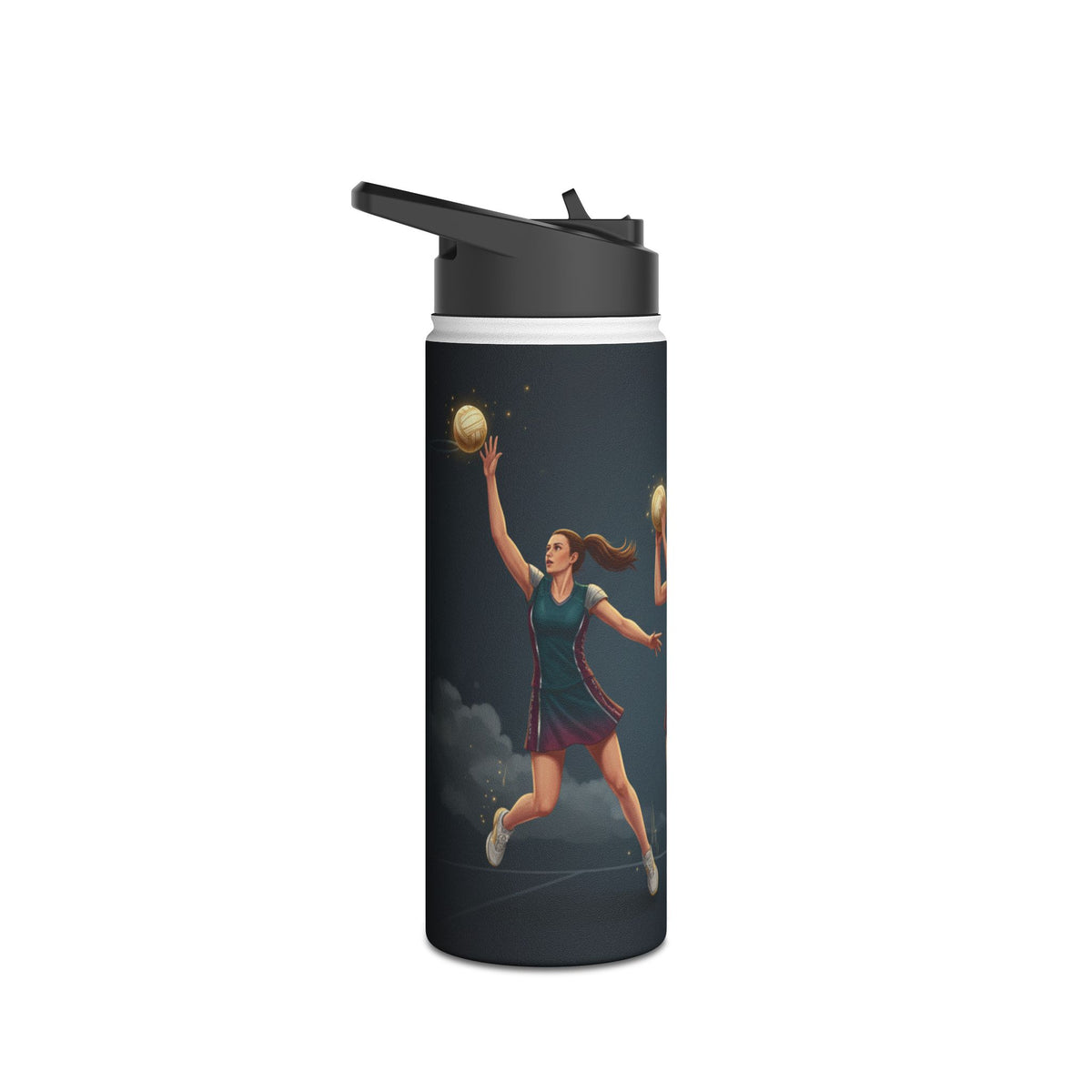 Water Bottle, Netball, Female player trio graphics, Stainless Steel