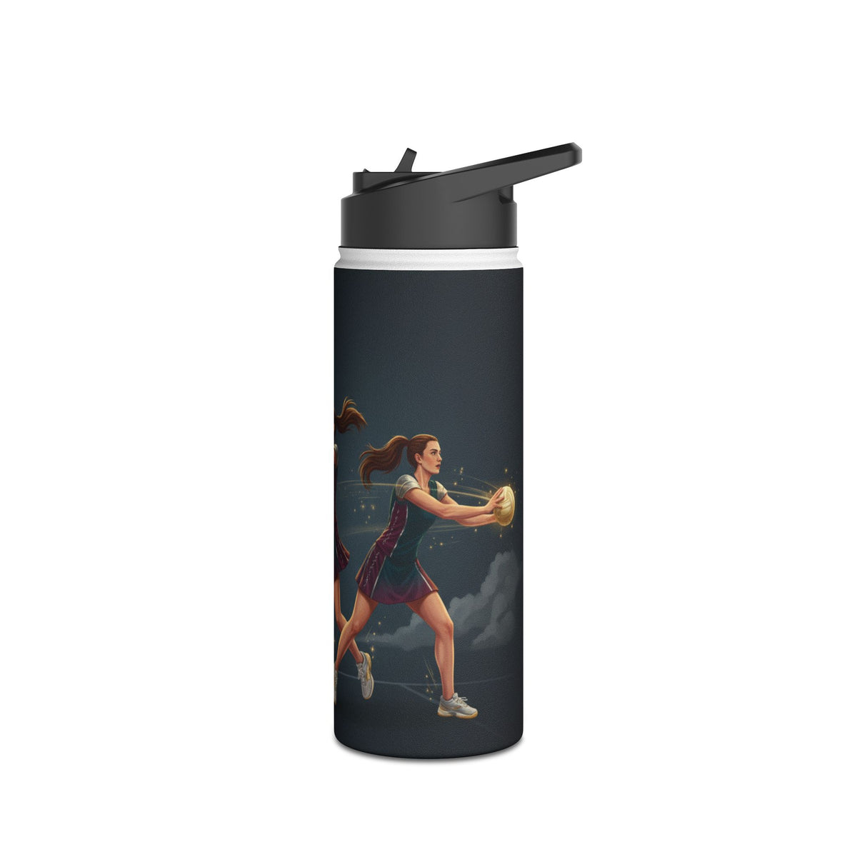Water Bottle, Netball, Female player trio graphics, Stainless Steel