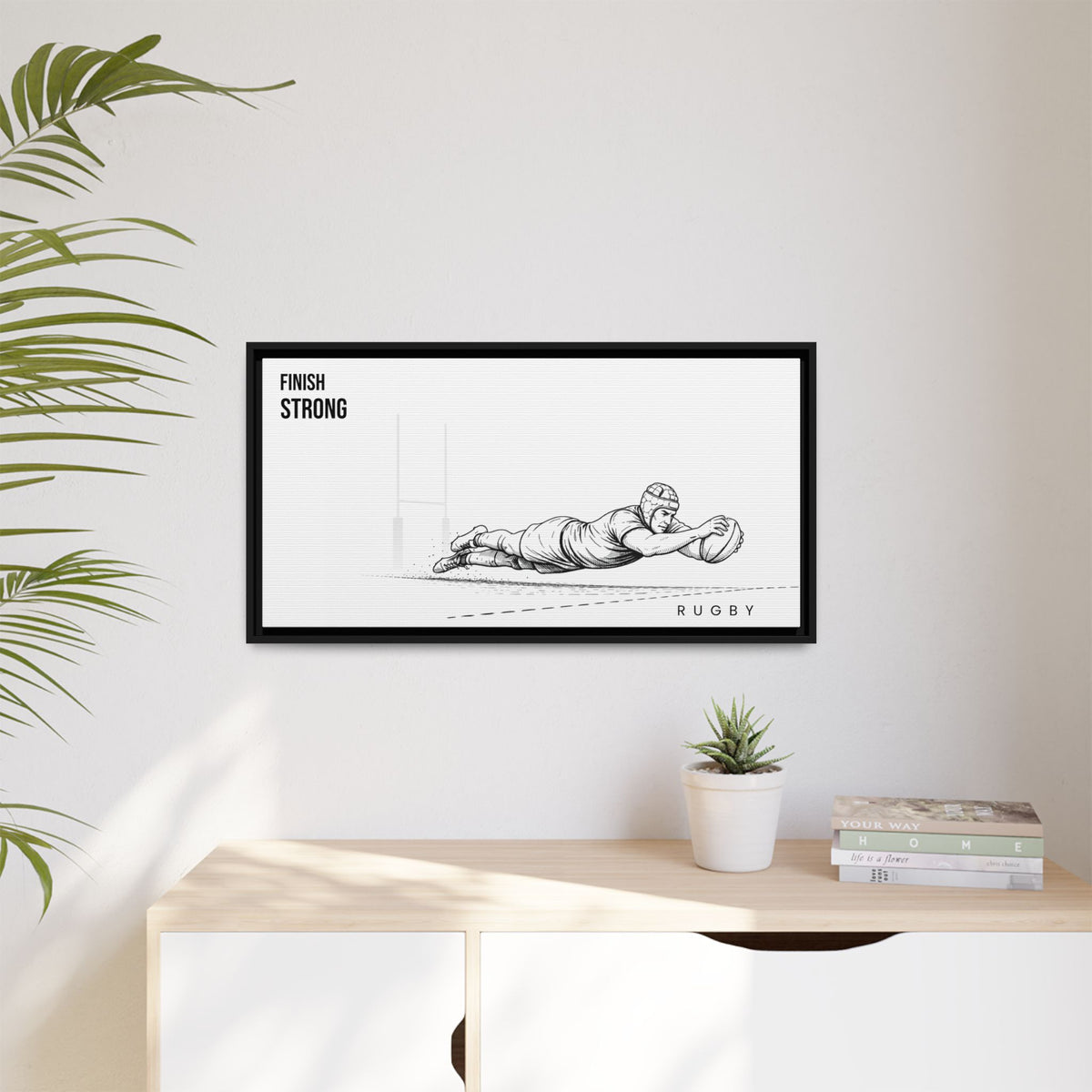Print, Rugby Try, "Finish Strong"  Matte Canvas Framed Wall Art