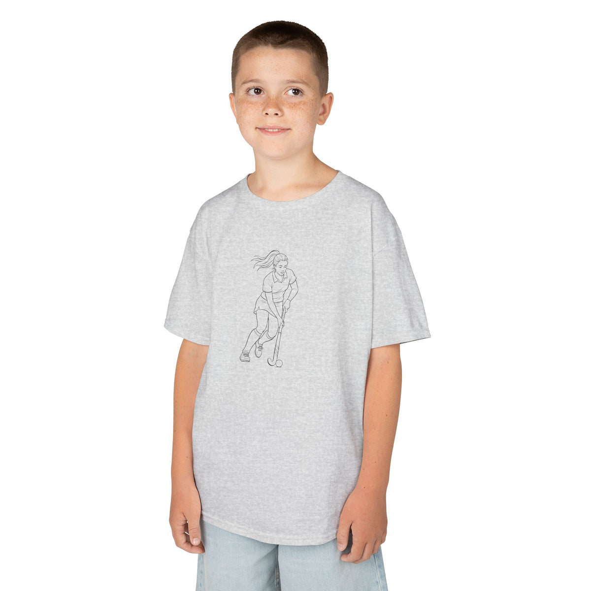 T Shirt Kids, Hockey female player minimalist sketch design, Cotton, Various Colours