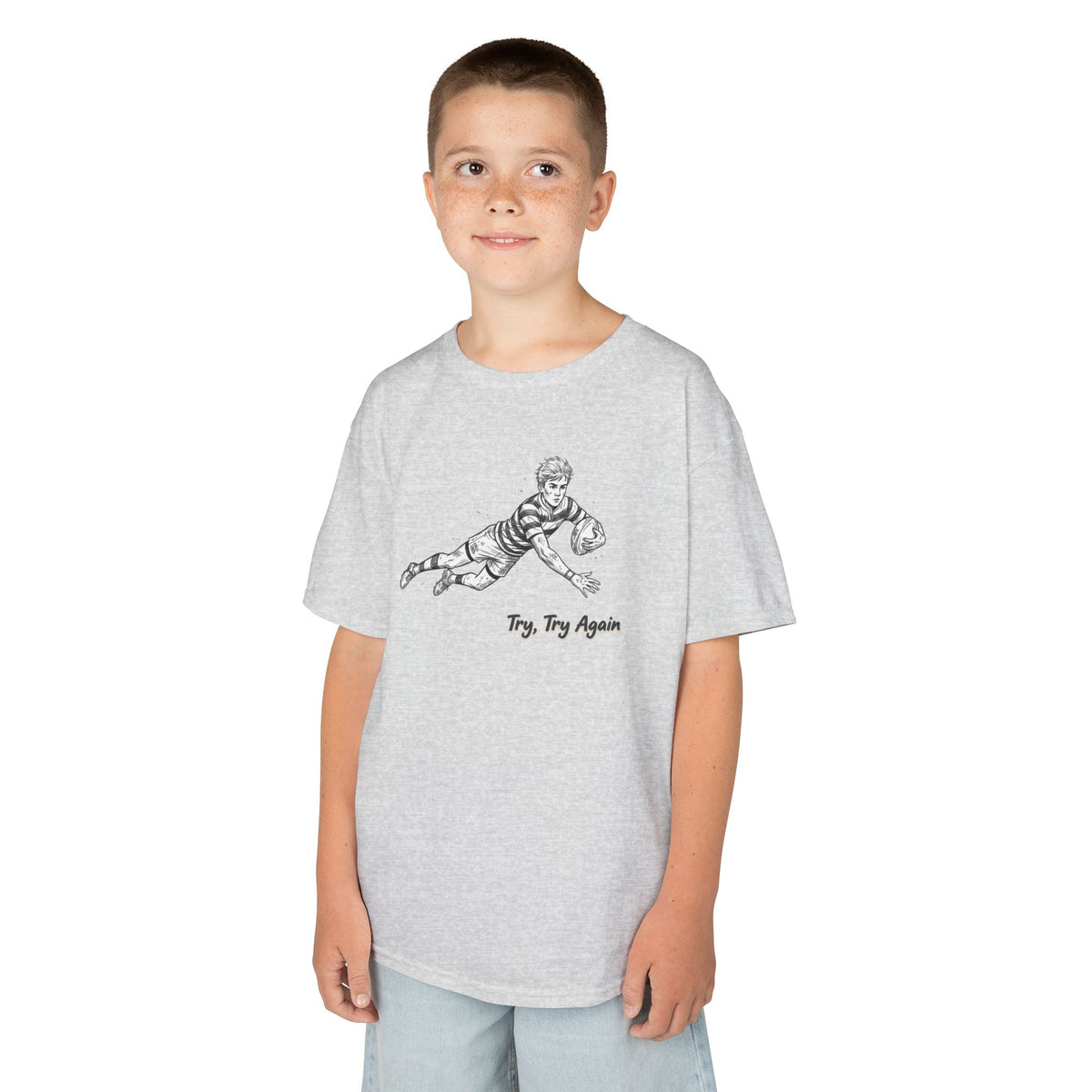 T Shirt Kids, Rugby Try Illustration with “Try, Try Again” Motivational Text, Cotton, Two Colours
