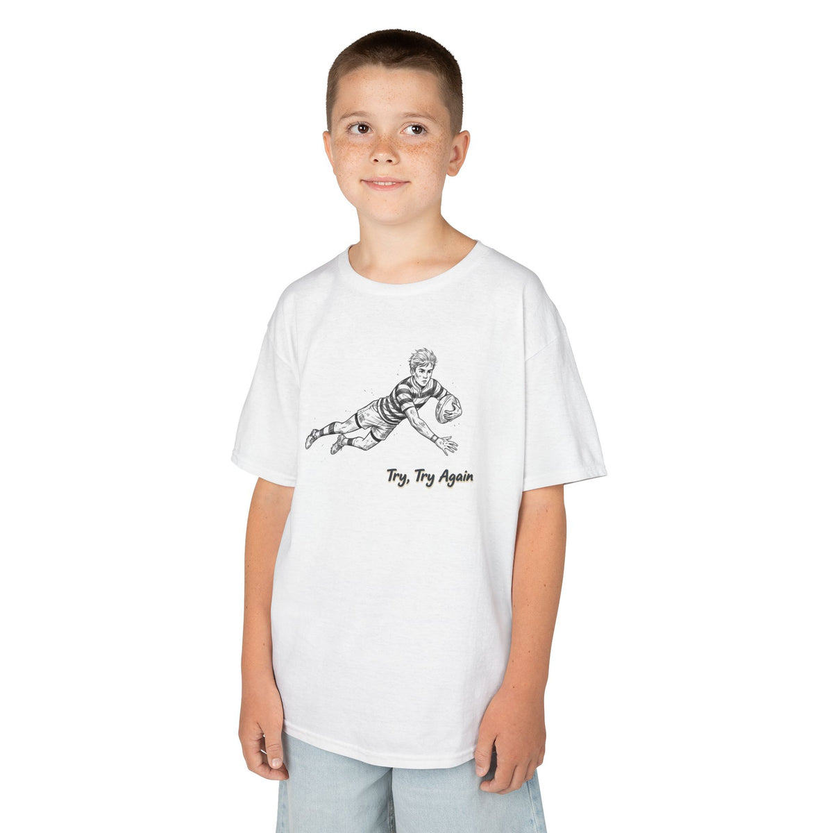T Shirt Kids, Rugby Try Illustration with “Try, Try Again” Motivational Text, Cotton, Two Colours