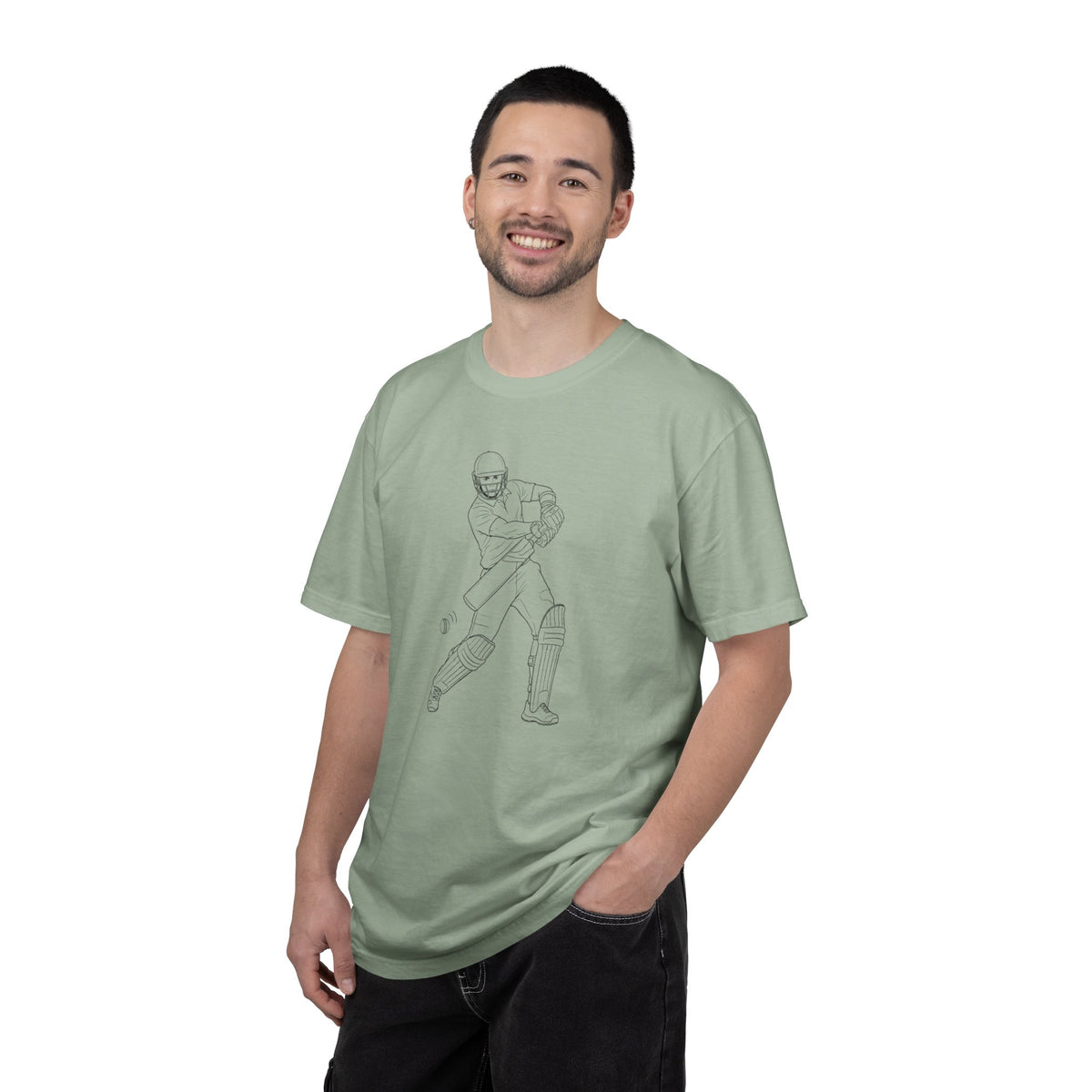 T Shirt, Cricket Batsman Minimalist Sketch Design (Large image), Cotton, Various Colours