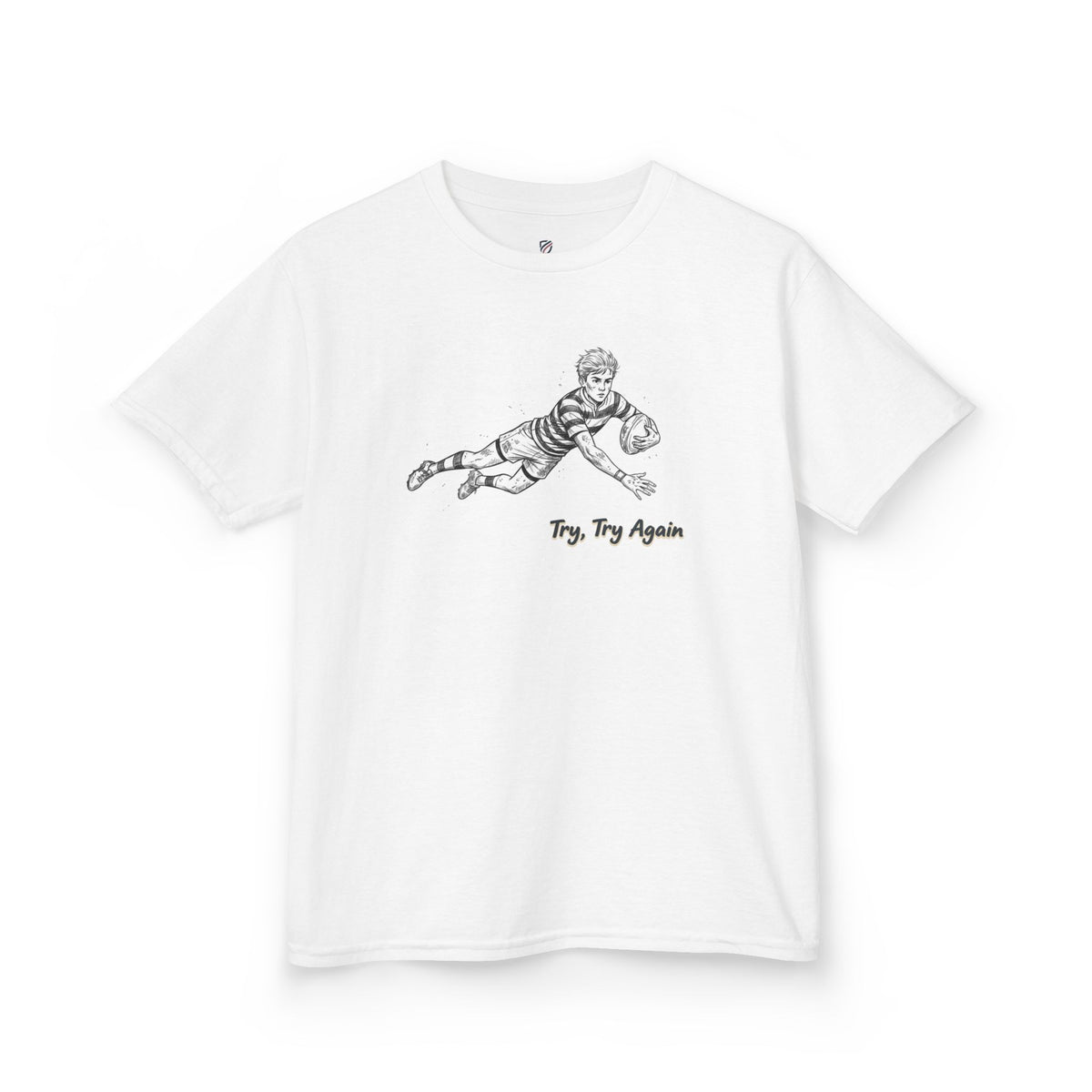 T Shirt Kids, Rugby Try Illustration with “Try, Try Again” Motivational Text, Cotton, Two Colours