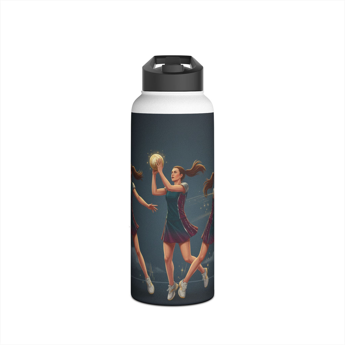 Water Bottle, Netball, Female player trio graphics, Stainless Steel
