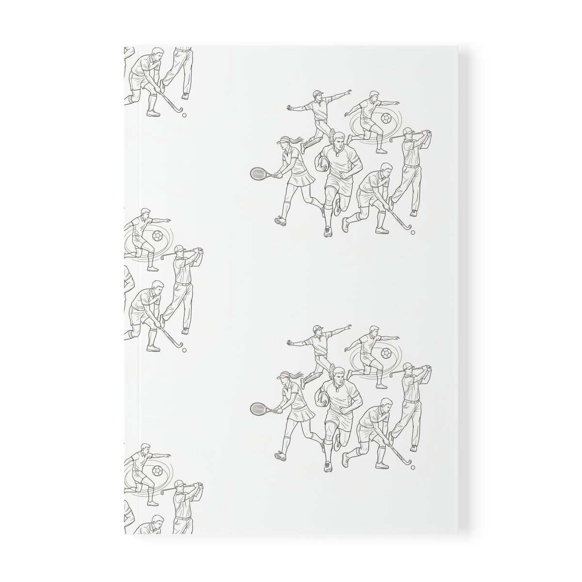 Sports Pattern A5 Softcover Notebook — Tennis, Rugby, Football, Golf, Cricket & Hockey Line-Art