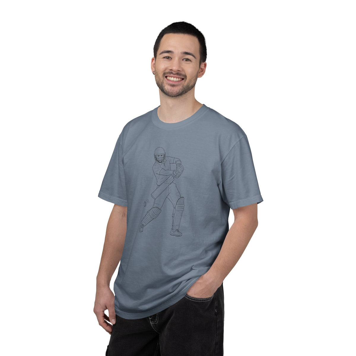 T Shirt, Cricket Batsman Minimalist Sketch Design (Large image), Cotton, Various Colours
