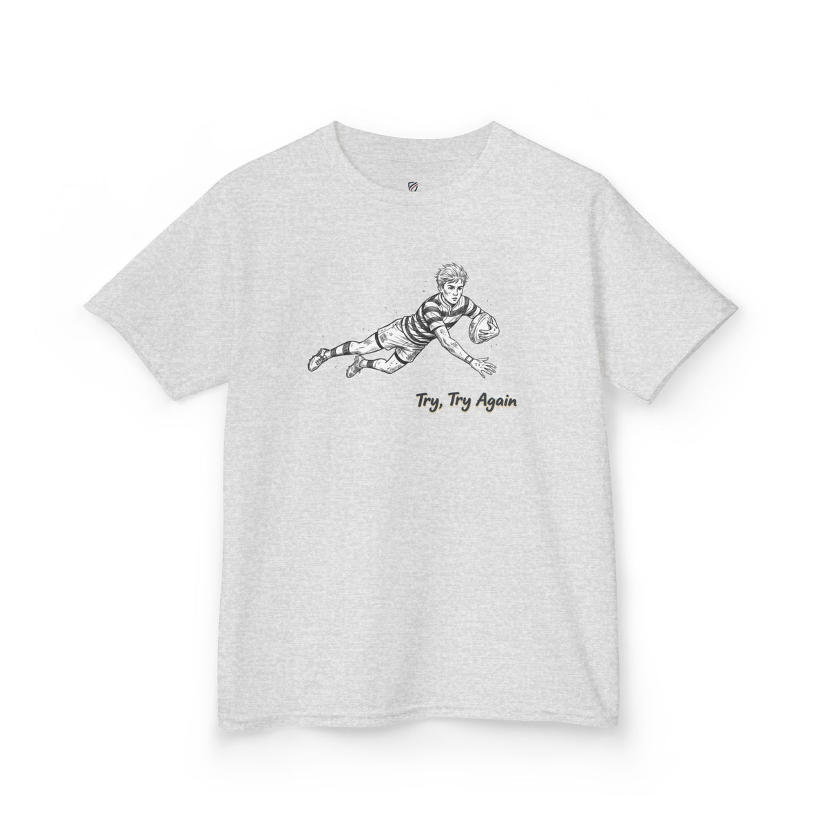 T Shirt Kids, Rugby Try Illustration with “Try, Try Again” Motivational Text, Cotton, Two Colours