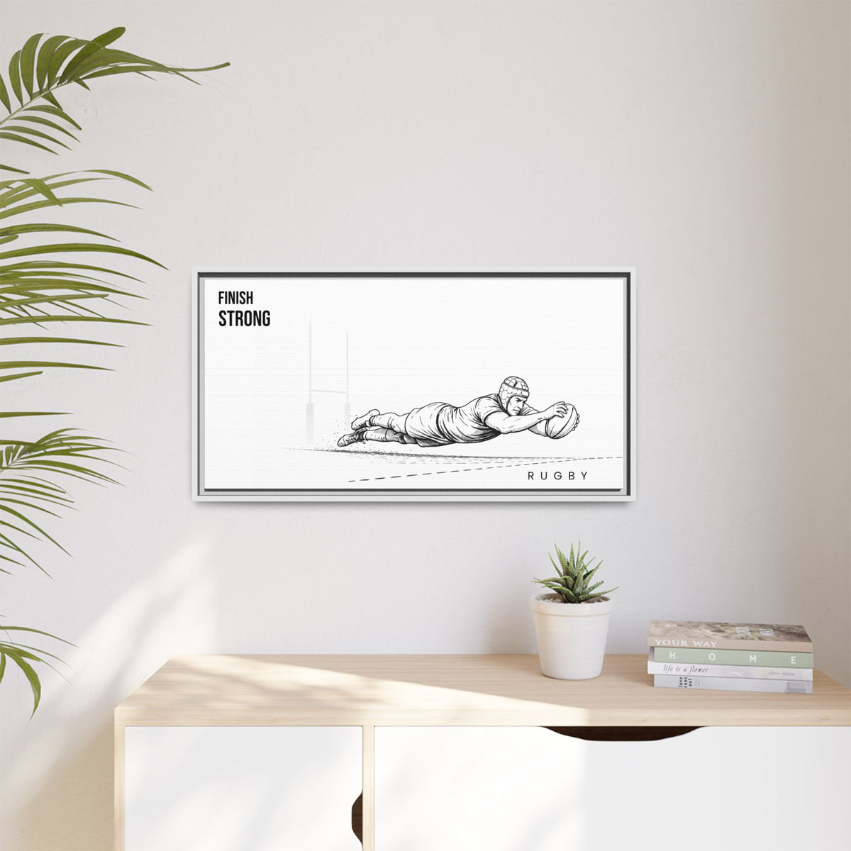 Print, Rugby Try, "Finish Strong"  Matte Canvas Framed Wall Art