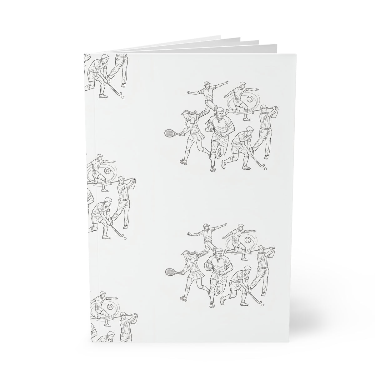 Sports Pattern A5 Softcover Notebook — Tennis, Rugby, Football, Golf, Cricket & Hockey Line-Art