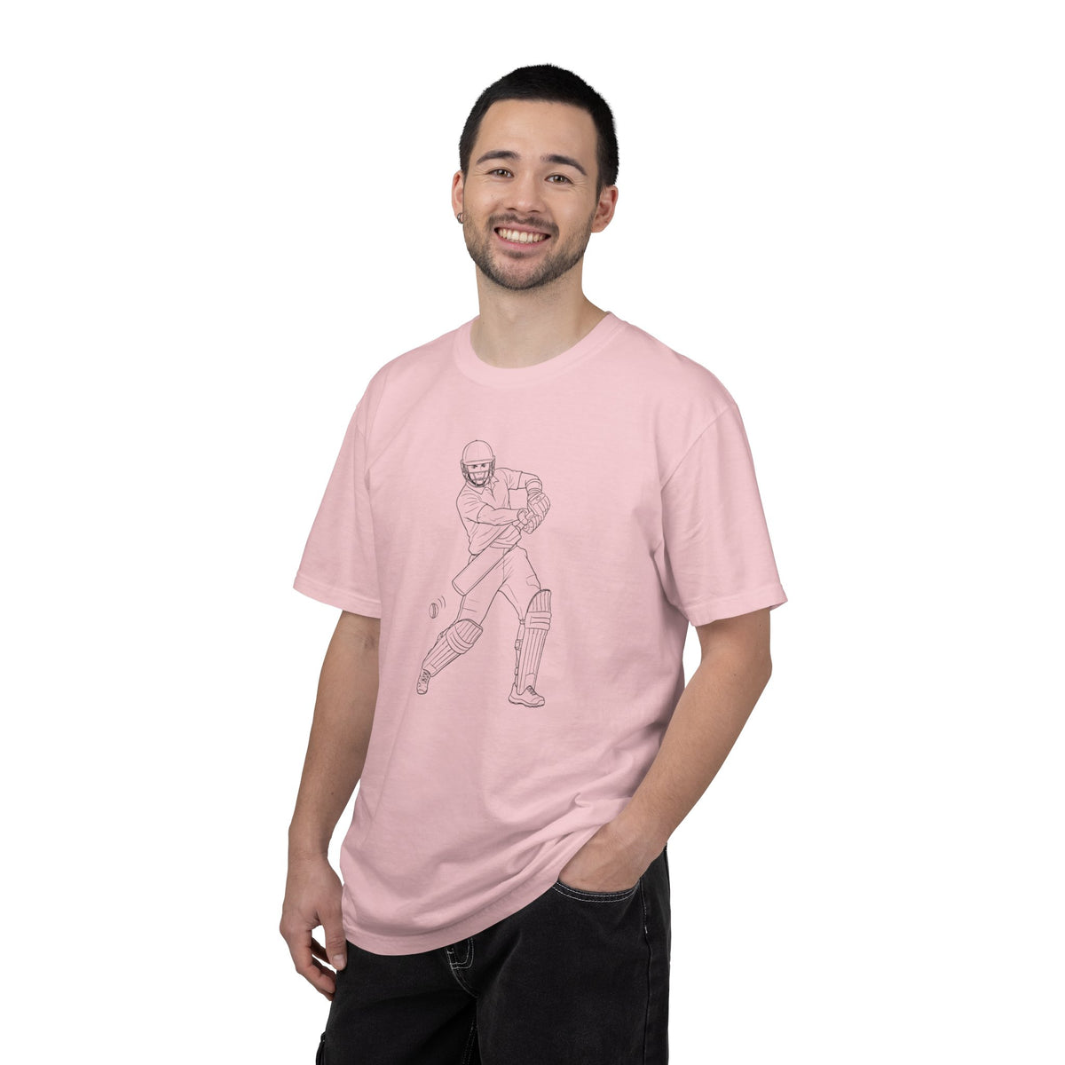 T Shirt, Cricket Batsman Minimalist Sketch Design (Large image), Cotton, Various Colours