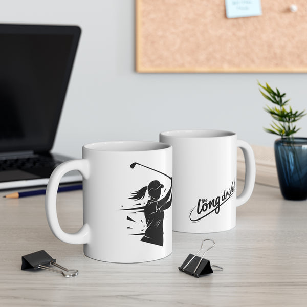 Golf Coffee Mug — Female Golfer Long Drive Design, Ceramic, 325ml / 11oz or 440ml / 15oz