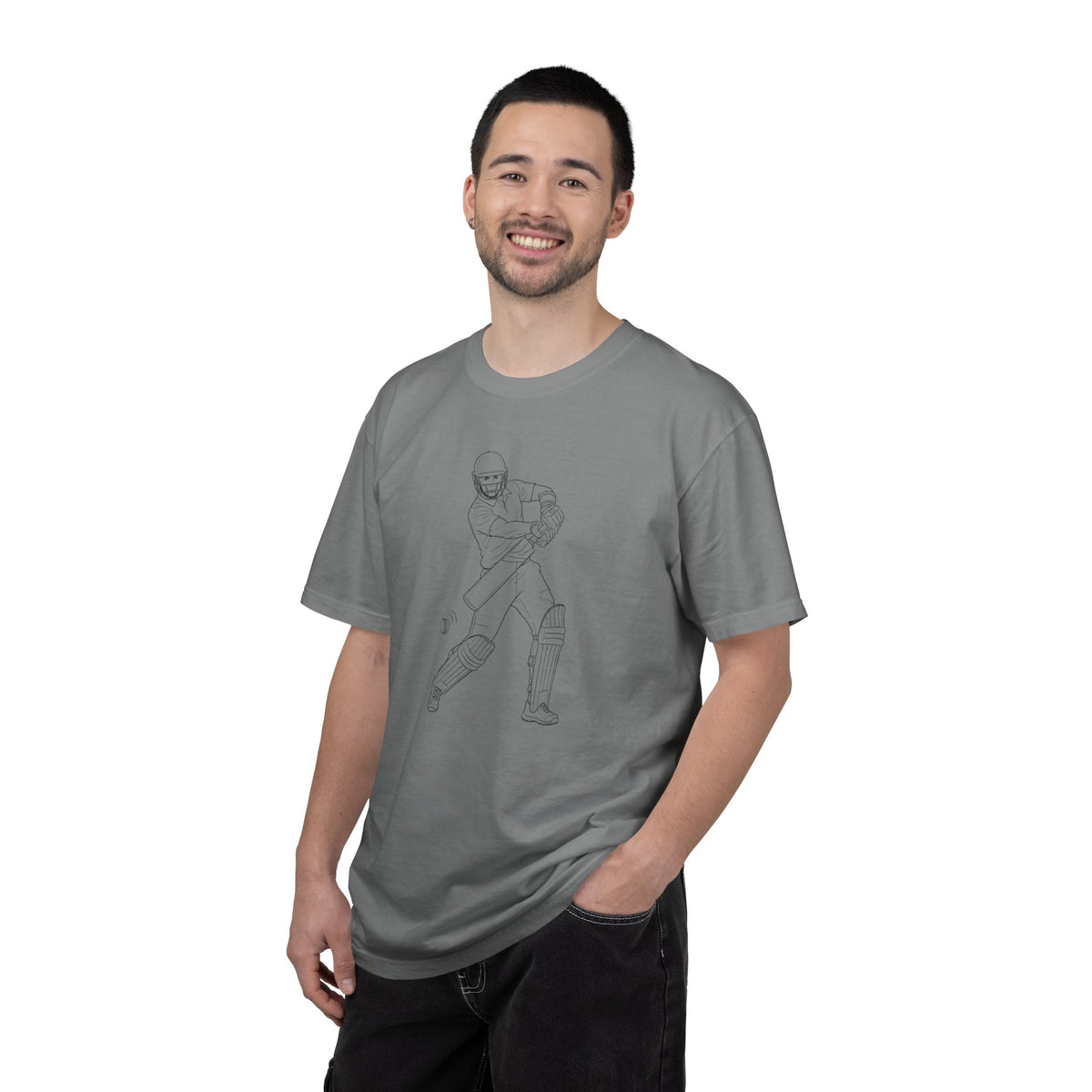 T Shirt, Cricket Batsman Minimalist Sketch Design (Large image), Cotton, Various Colours