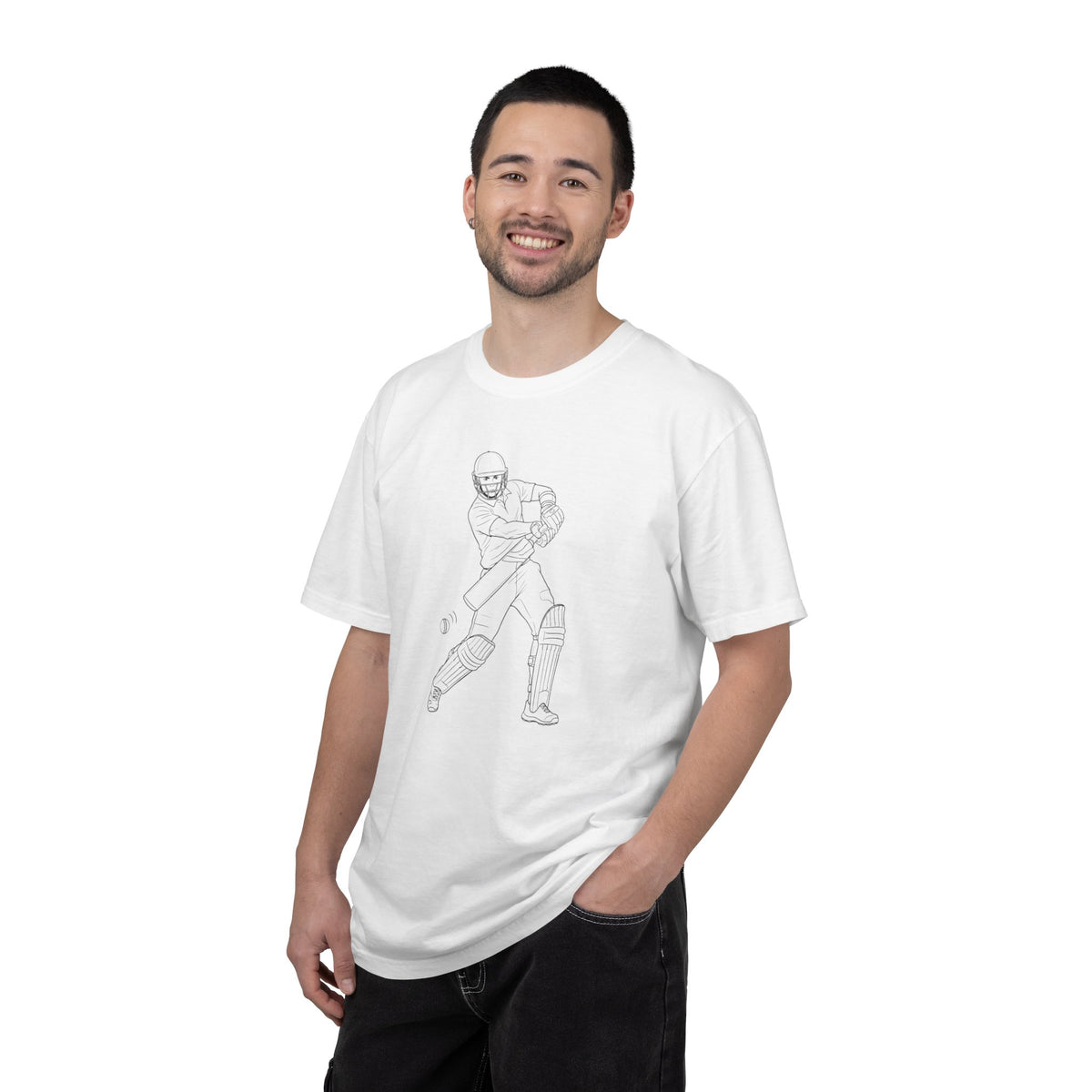T Shirt, Cricket Batsman Minimalist Sketch Design (Large image), Cotton, Various Colours