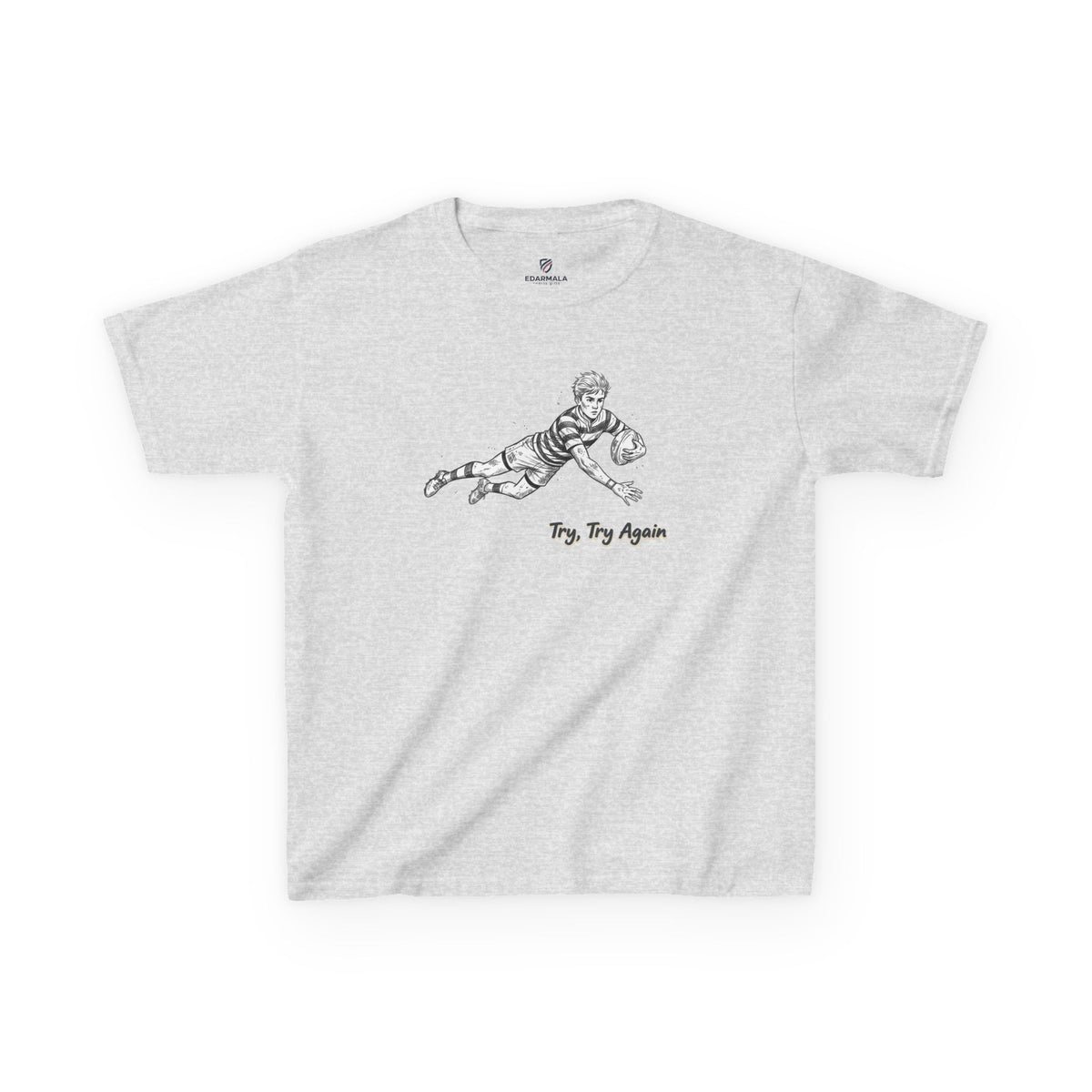 T Shirt Kids, Rugby Try Illustration with “Try, Try Again” Motivational Text, Cotton, Two Colours