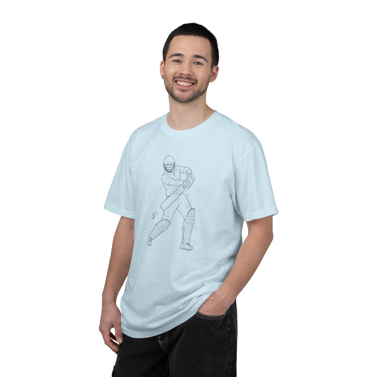 T Shirt, Cricket Batsman Minimalist Sketch Design (Large image), Cotton, Various Colours