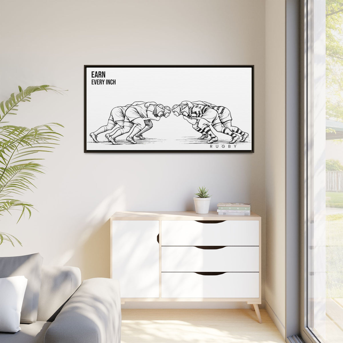 Print, Rugby Scrum, "Earn Every Inch" , Matte Canvas Print Framed Art